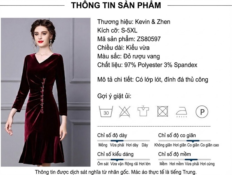 Váy Đầm Nhung Dài Tay Cổ chữ V Thu Đông Dự Tiệc Màu Đỏ Rượu Vang chi tiết 17