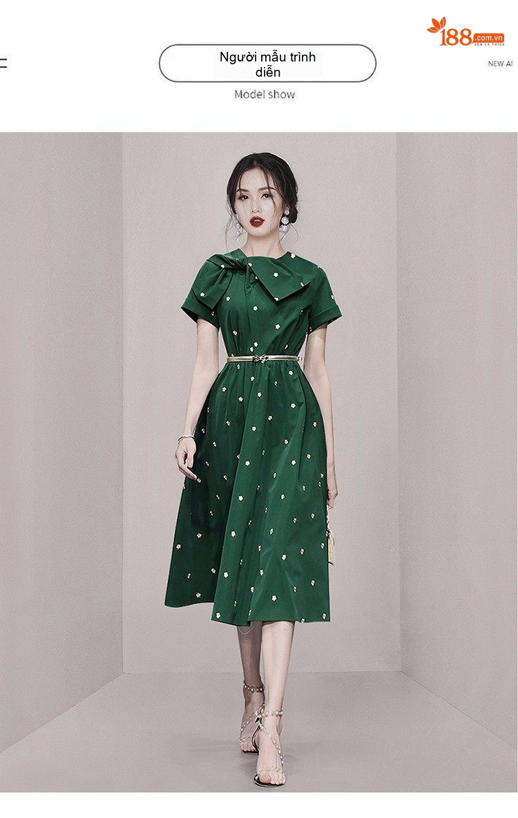 Váy Đầm Nữ A Line Cổ Nơ Thêu Hoa Họa Tiết Thanh Lịch Màu Xanh Lá chi tiết 8