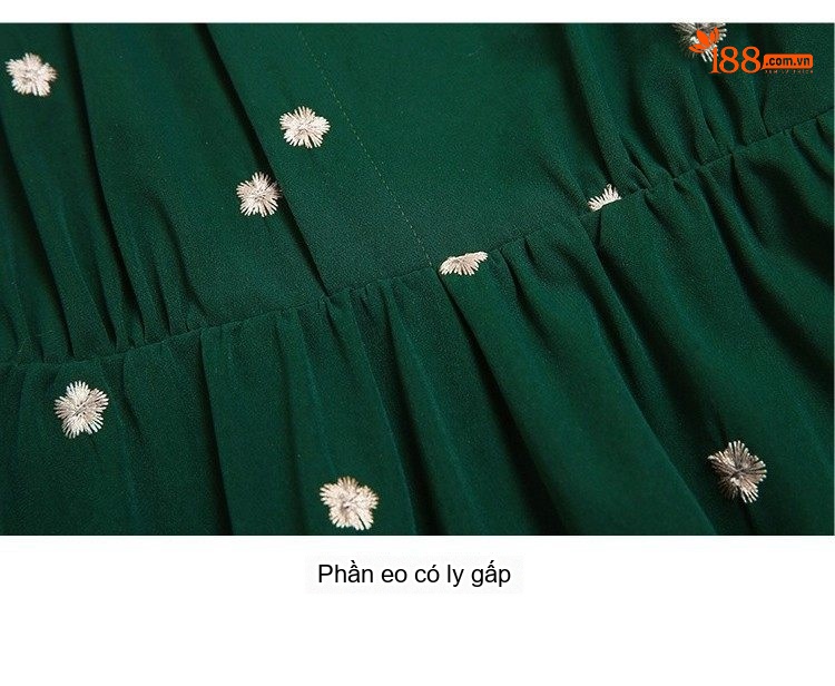 Váy Đầm Nữ A Line Cổ Nơ Thêu Hoa Họa Tiết Thanh Lịch Màu Xanh Lá chi tiết 18
