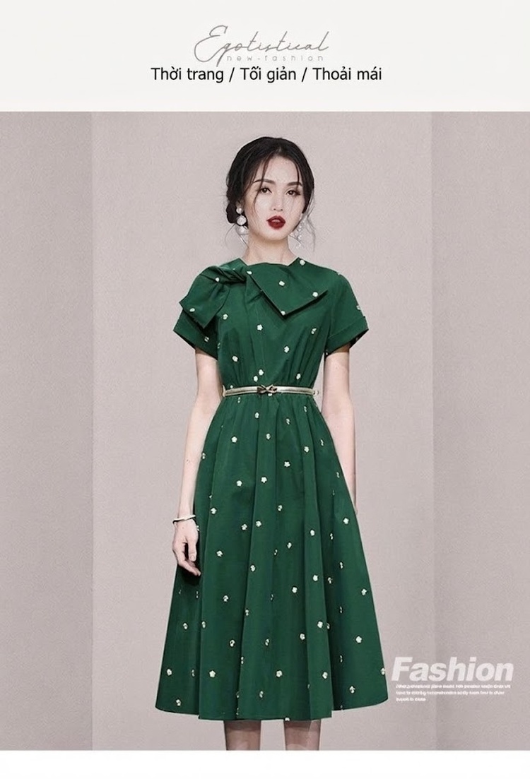 Váy Đầm Nữ A Line Cổ Nơ Thêu Hoa Họa Tiết Thanh Lịch Màu Xanh Lá chi tiết 3
