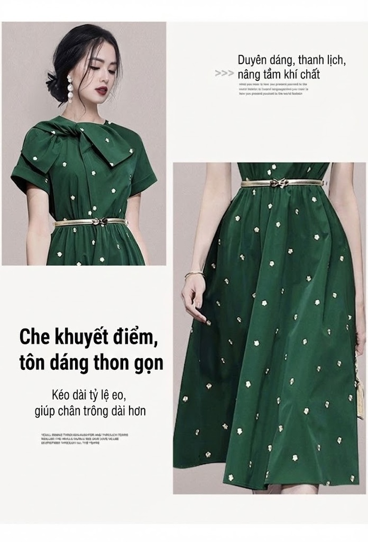 Váy Đầm Nữ A Line Cổ Nơ Thêu Hoa Họa Tiết Thanh Lịch Màu Xanh Lá chi tiết 4