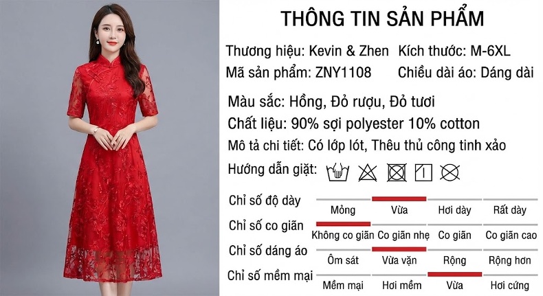 Váy Đầm Nữ Cao Cấp Lưới Thêu Hoa Tay Ngắn Dáng Xòe Màu Đỏ chi tiết 18