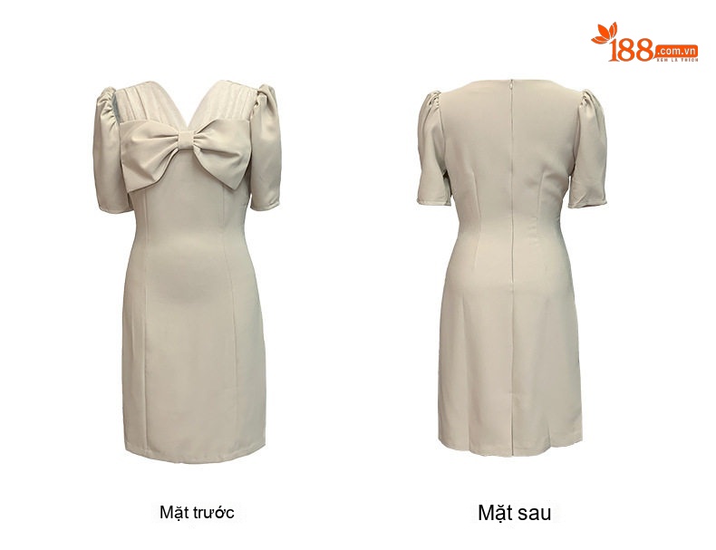 Váy Đầm Nữ Cổ chữ V Thiết Kế Nơ Eo Cao Dáng Ôm Màu Đen, Kem chi tiết 6