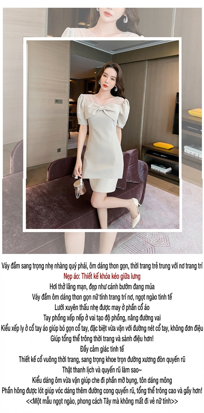 Váy Đầm Nữ Cổ chữ V Thiết Kế Nơ Eo Cao Dáng Ôm Màu Đen, Kem chi tiết 1