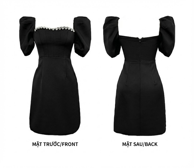 Váy Đầm Nữ Cổ chữ Vuông Tay Bồng Thắt Eo Dự Tiệc Sang Trọng Màu Đen chi tiết 4