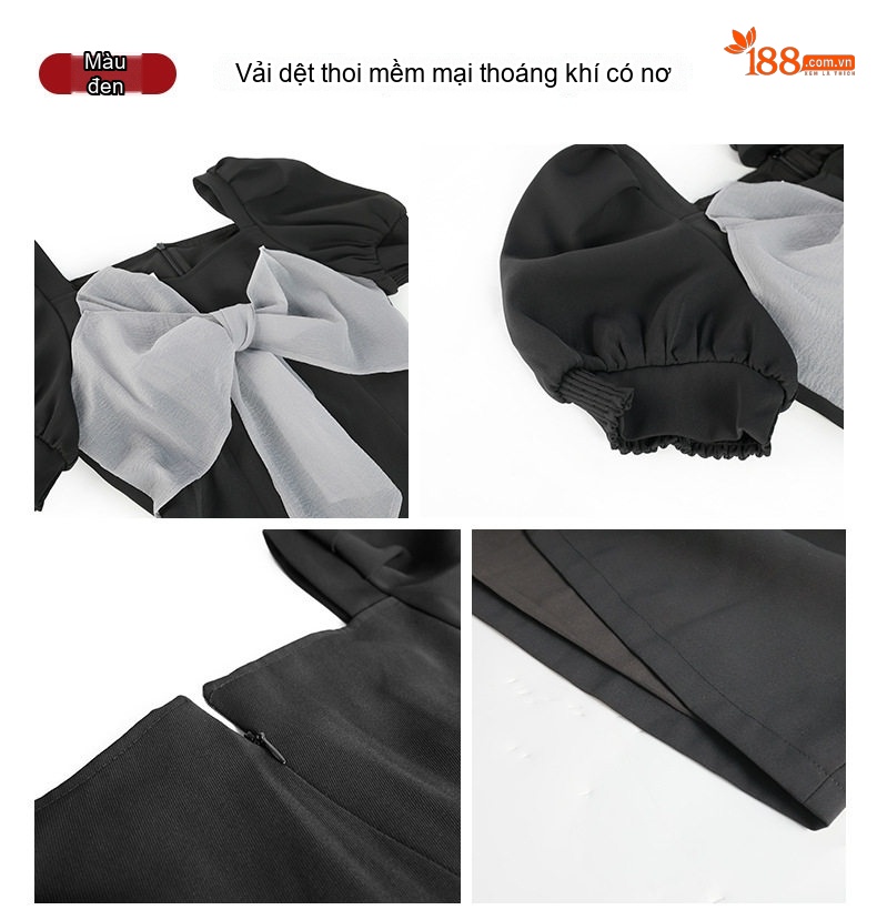 Váy Đầm Nữ Cổ chữ Vuông Tay Phồng Thiết Kế Nơ Phong Cách Hepburn Màu Đen, Trắng chi tiết 4