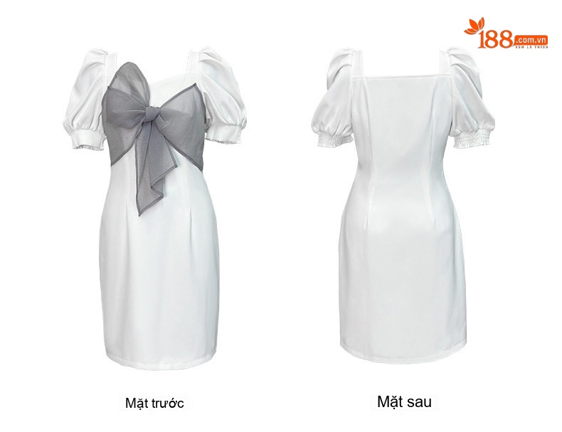 Váy Đầm Nữ Cổ chữ Vuông Tay Phồng Thiết Kế Nơ Phong Cách Hepburn Màu Đen, Trắng chi tiết 6