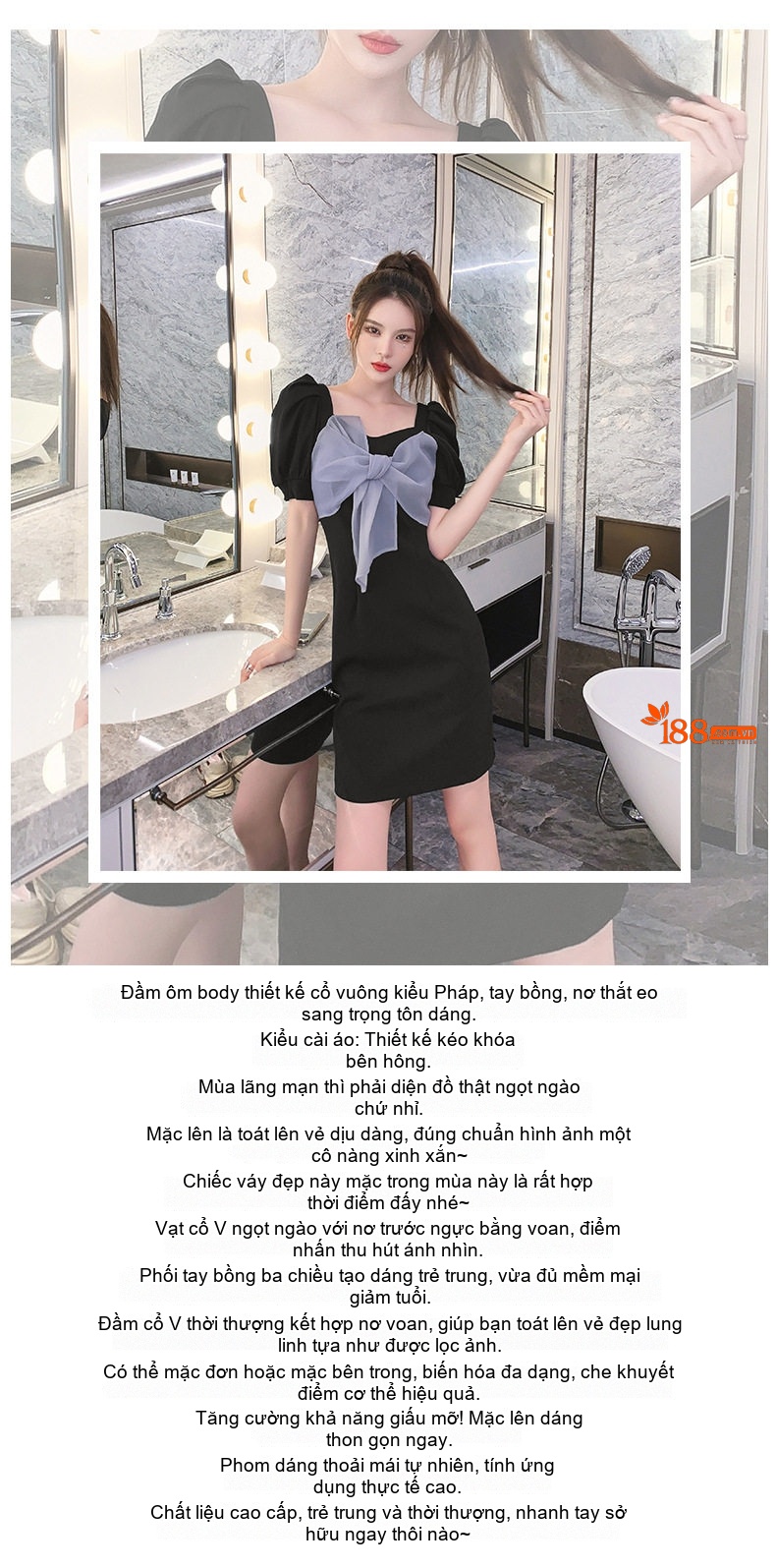 Váy Đầm Nữ Cổ chữ Vuông Tay Phồng Thiết Kế Nơ Phong Cách Hepburn Màu Đen, Trắng chi tiết 1