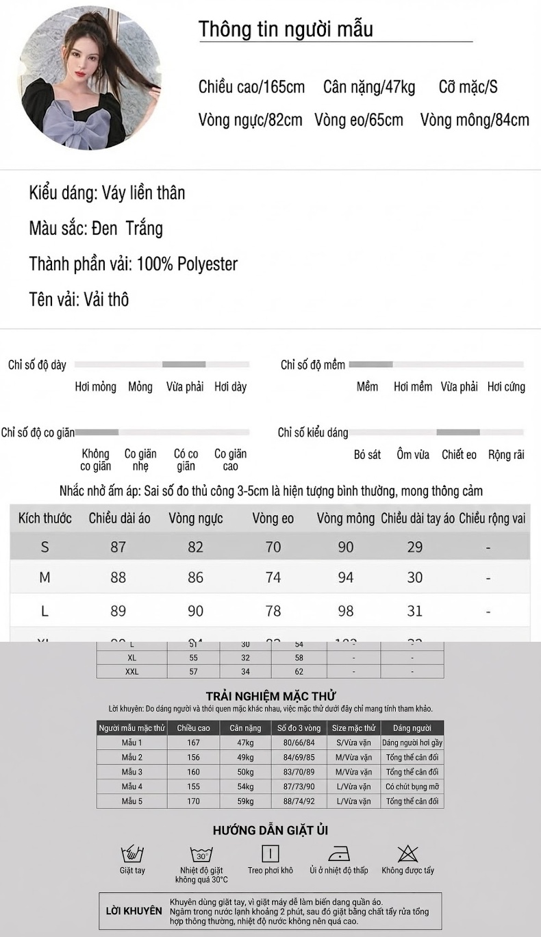 Váy Đầm Nữ Cổ chữ Vuông Tay Phồng Thiết Kế Nơ Phong Cách Hepburn Màu Đen, Trắng chi tiết 2