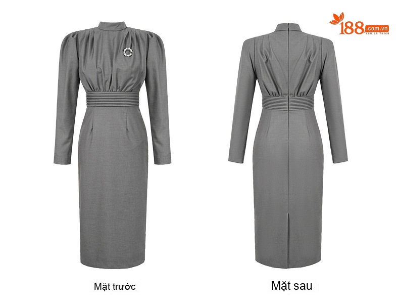 Váy Đầm Nữ Công Sở Cổ Tròn Tay Dài Chiết Eo Dáng Ôm Màu Xám, Cam chi tiết 7
