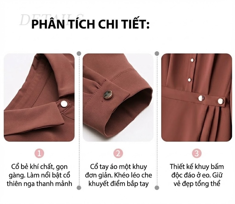 Váy Đầm Nữ dáng chữ A Tay Dài Cổ Sơ Mi Chiết Eo Thanh Lịch Màu Đen, Nâu, Be chi tiết 2