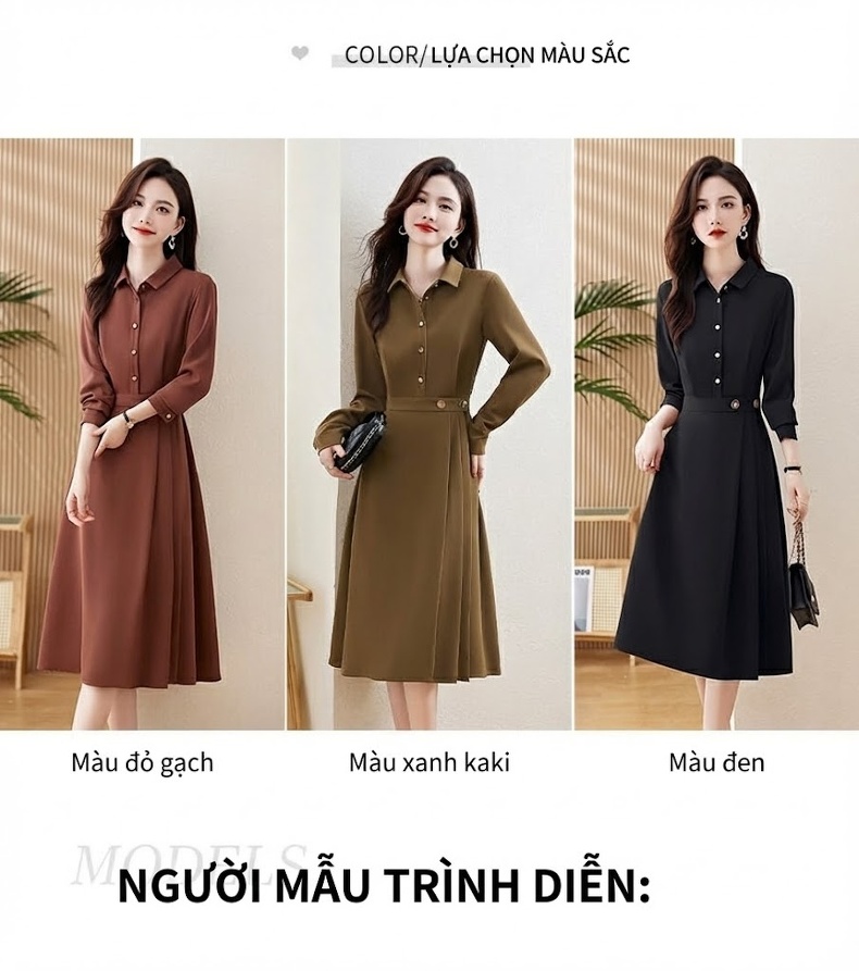 Váy Đầm Nữ dáng chữ A Tay Dài Cổ Sơ Mi Chiết Eo Thanh Lịch Màu Đen, Nâu, Be chi tiết 6