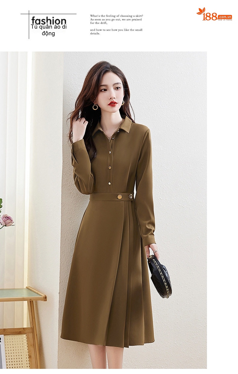 Váy Đầm Nữ dáng chữ A Tay Dài Cổ Sơ Mi Chiết Eo Thanh Lịch Màu Đen, Nâu, Be chi tiết 16