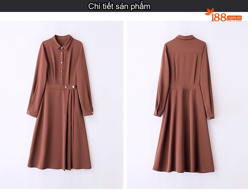 Váy Đầm Nữ dáng chữ A Tay Dài Cổ Sơ Mi Chiết Eo Thanh Lịch Màu Đen, Nâu, Be chi tiết 28
