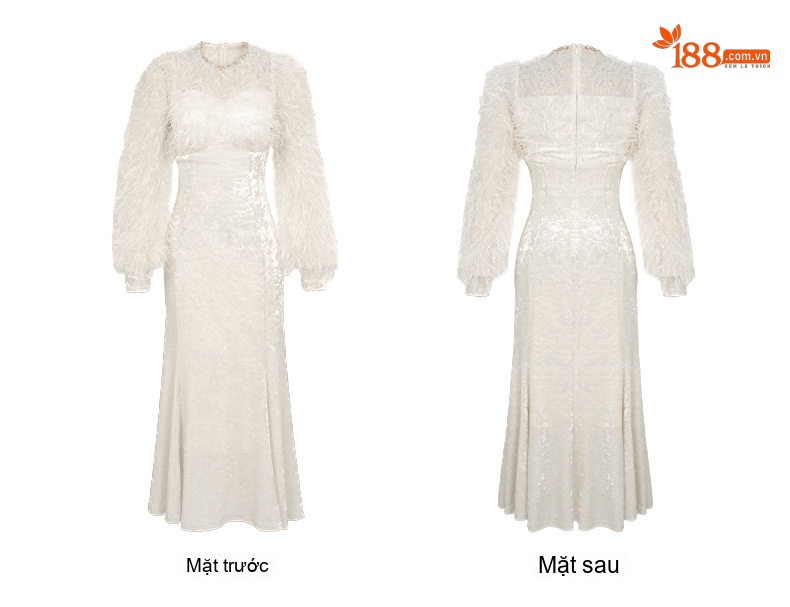 Váy Đầm Nữ Dáng Dài Đuôi Cá Tay Phồng Viền Lông Thú Đính Đá Thắt Eo Màu Trắng, Hồng chi tiết 7