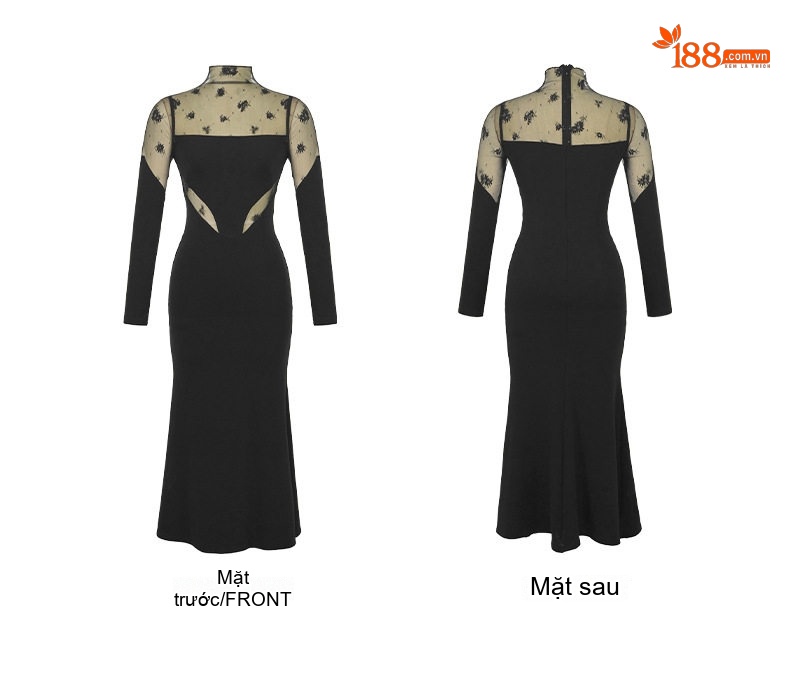 Váy Đầm Nữ Dáng Dài Eo Ôm Thiết Kế Lưới Gợi Cảm Phong Cách Pháp Màu Đen chi tiết 4