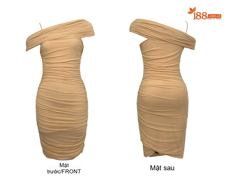 Váy Đầm Nữ Dáng Ôm Bodycon Lệch Vai Thiết Kế Nhún Bèo Gợi Cảm Màu Be chi tiết 4