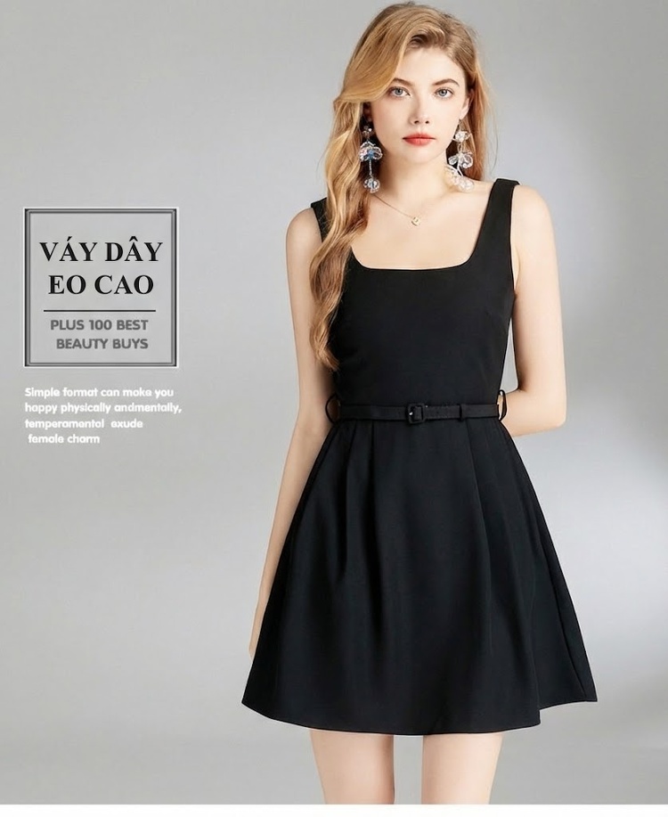 Váy Đầm Nữ Dáng Xòe Cổ chữ Vuông Không Tay Phong Cách Hepburn Màu Đen chi tiết 1