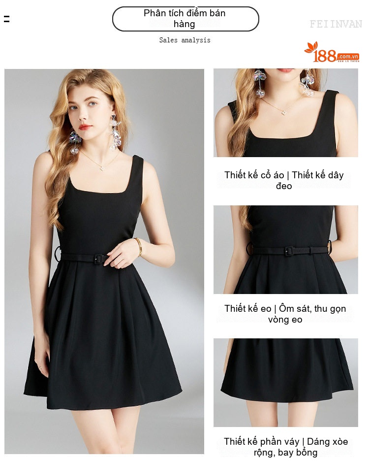 Váy Đầm Nữ Dáng Xòe Cổ chữ Vuông Không Tay Phong Cách Hepburn Màu Đen chi tiết 2