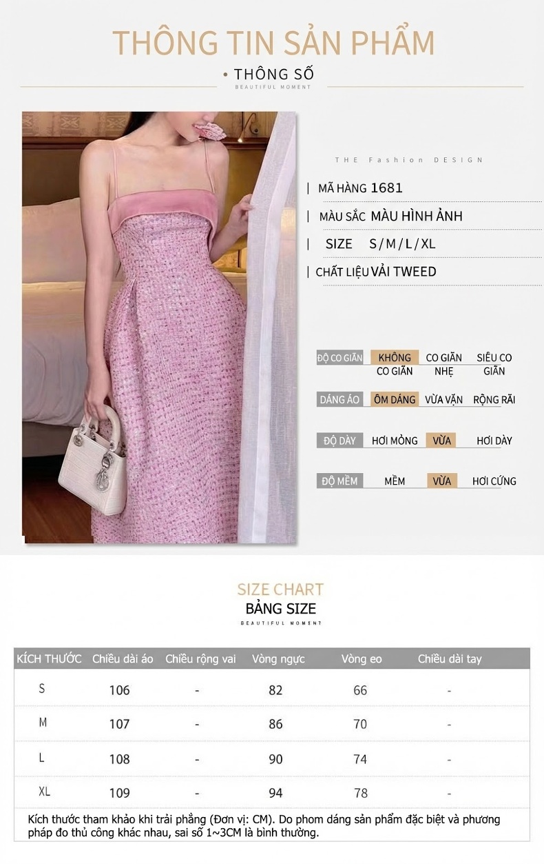 Váy Đầm Nữ Hai Dây Tiểu Thư Dạ Hội Thô Tweed Phong Cách Hương Xa Màu Hồng chi tiết 1