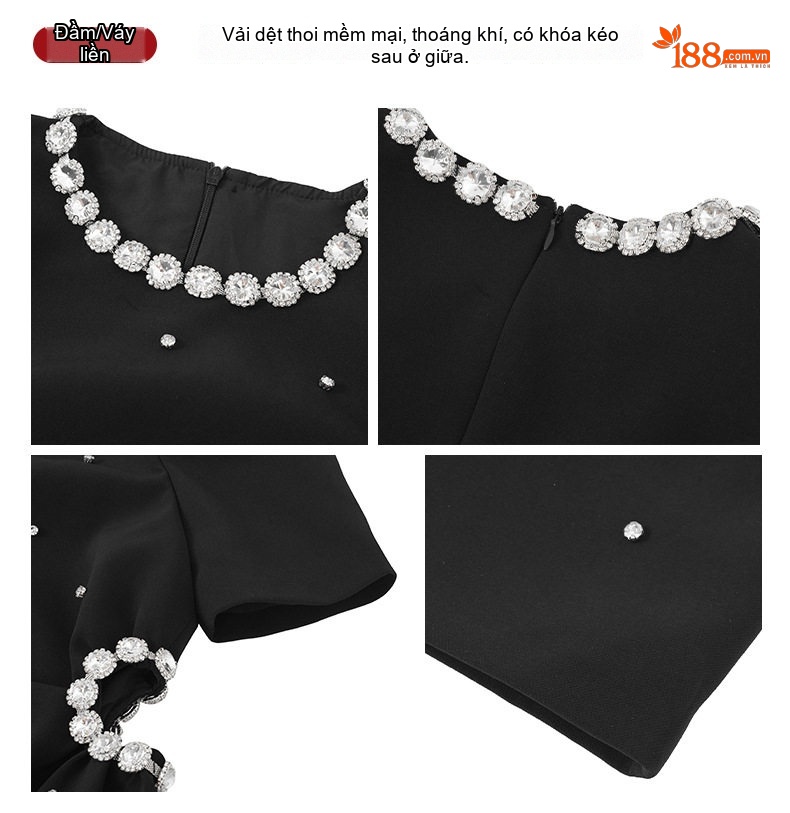 Váy Đầm Nữ Hepburn Cổ Điển Đính Đá A-Line Màu Đen chi tiết 3