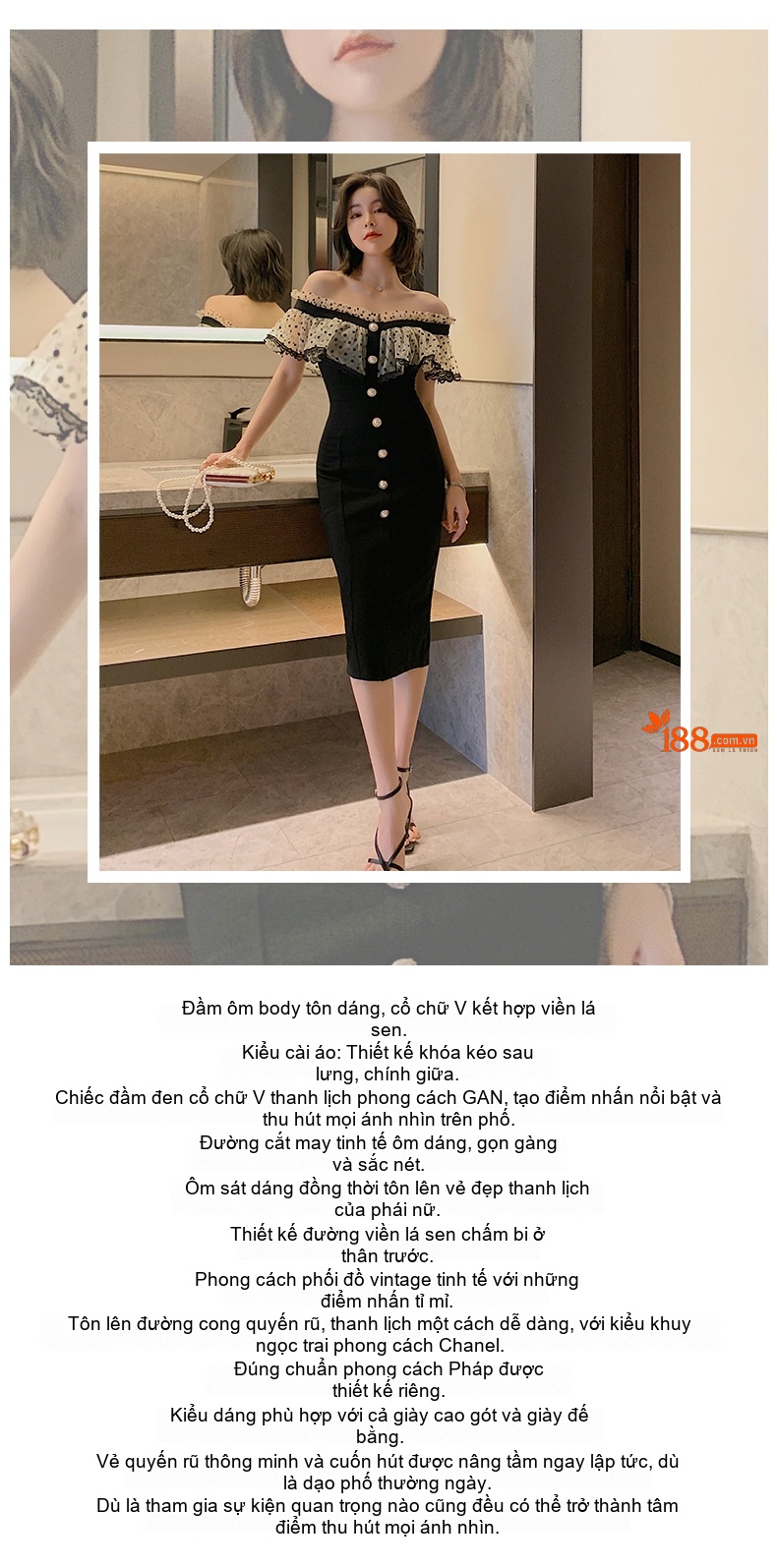 Váy Đầm Nữ Hở Vai Phối Ren Xếp Ly Dáng Ôm Màu Đen chi tiết 1