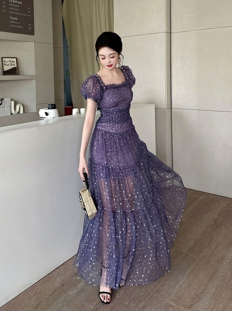 Váy Đầm Nữ Mùa Hè Cổ chữ Vuông Tay Bồng Voan Lưới Họa Tiết Chấm Bi Màu Tím