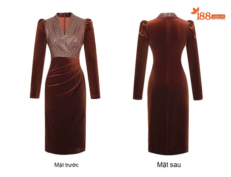 Váy Đầm Nữ Nhung Tăm Dáng Ôm Thiết Kế Pháp Cổ chữ V Viền Kim Sa Màu Xanh Dương, Nâu chi tiết 6