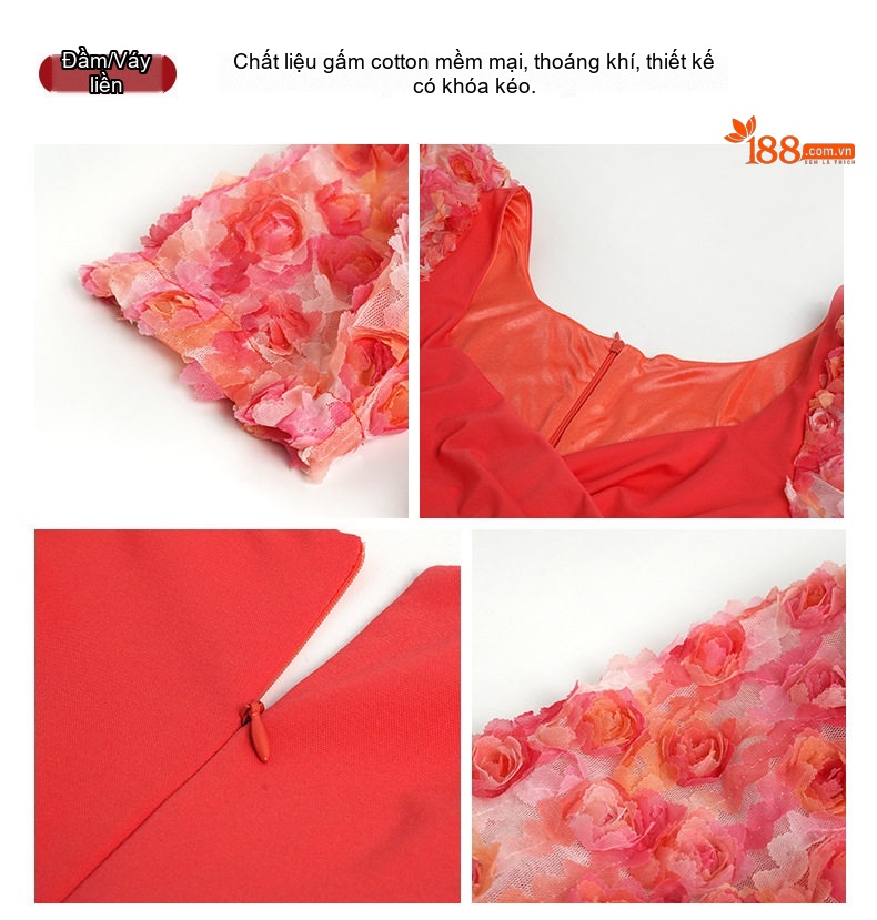 Váy Đầm Nữ Ôm Body Cổ chữ Vuông Tay Bồng Họa Tiết Hoa 3D Phong Cách Pháp Màu Xanh, Đỏ chi tiết 4