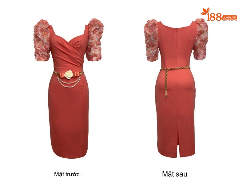 Váy Đầm Nữ Ôm Body Cổ chữ Vuông Tay Bồng Họa Tiết Hoa 3D Phong Cách Pháp Màu Xanh, Đỏ chi tiết 6