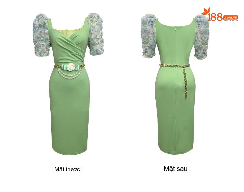 Váy Đầm Nữ Ôm Body Cổ chữ Vuông Tay Bồng Họa Tiết Hoa 3D Phong Cách Pháp Màu Xanh, Đỏ chi tiết 7