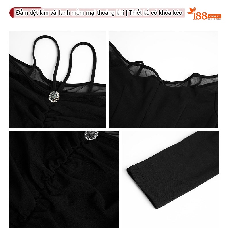 Váy Đầm Nữ Ôm Body Hở Vai Dây Treo Cổ Xẻ Tà Bất Đối Xứng Màu Đen chi tiết 3