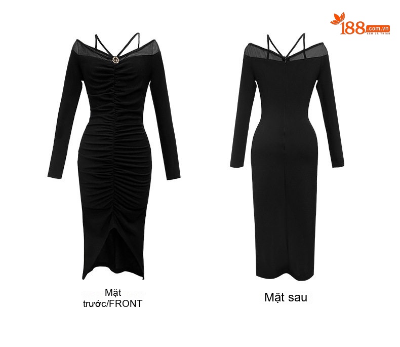 Váy Đầm Nữ Ôm Body Hở Vai Dây Treo Cổ Xẻ Tà Bất Đối Xứng Màu Đen chi tiết 4