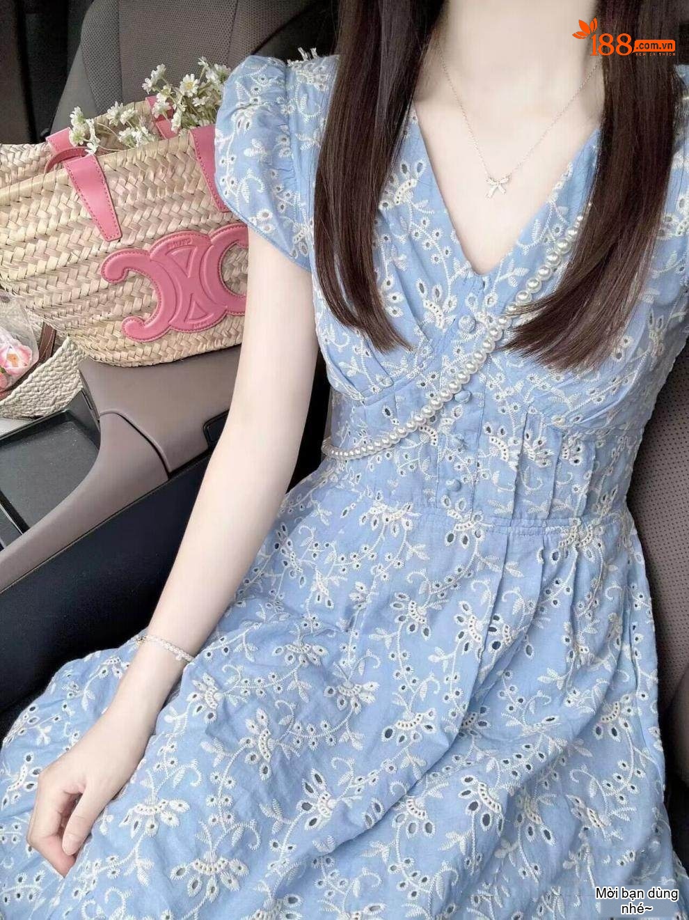 Váy Đầm Nữ Pháp Thêu Hoa Cổ chữ V Chít Eo Tôn Dáng Màu Xanh Lam chi tiết 7