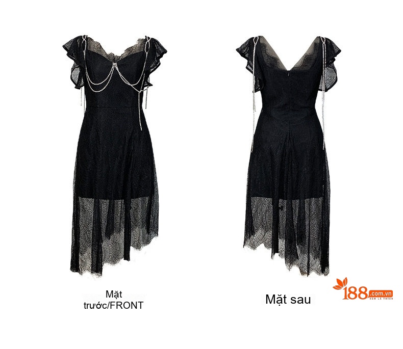 Váy Đầm Nữ Ren Đính Đá Cổ Điển Kiểu Pháp Thiết Kế Bất Đối Xứng Màu Đen chi tiết 5