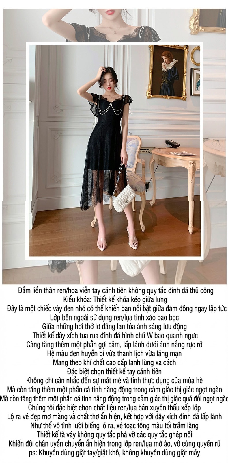 Váy Đầm Nữ Ren Đính Đá Cổ Điển Kiểu Pháp Thiết Kế Bất Đối Xứng Màu Đen chi tiết 1