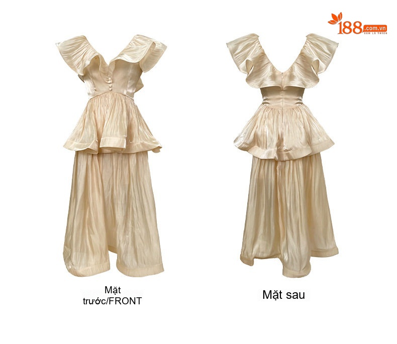 Váy Đầm Nữ Tay Bồng Cổ chữ V Thu Eo dáng chữ A Màu Trắng Kem chi tiết 5