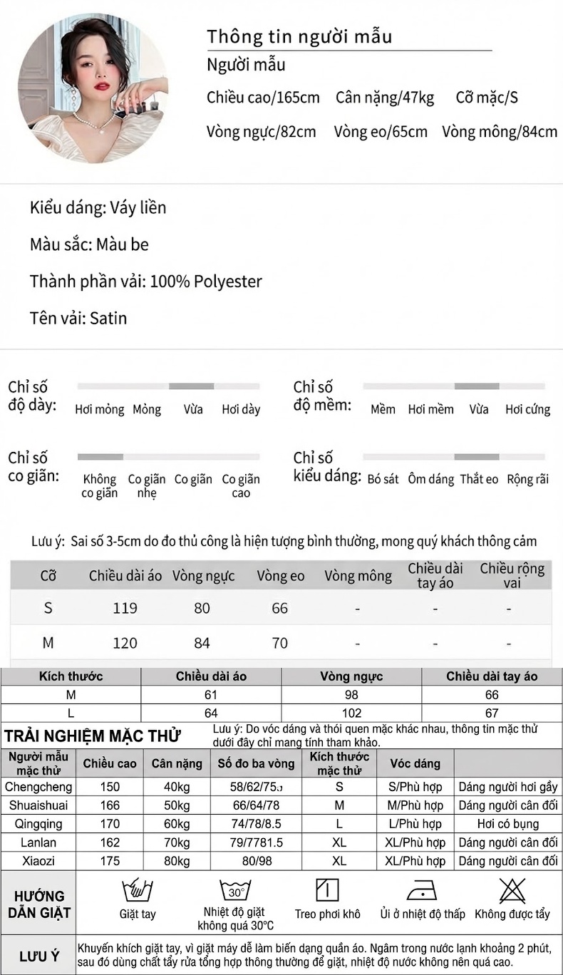 Váy Đầm Nữ Tay Bồng Cổ chữ V Thu Eo dáng chữ A Màu Trắng Kem chi tiết 2