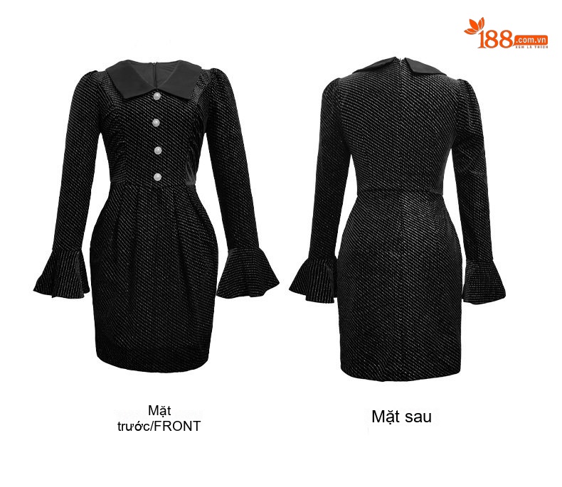 Váy Đầm Nữ Tay Dài Cổ Búp Bê Đính Đá Ôm Eo Dáng Chữ A Màu Đen chi tiết 5