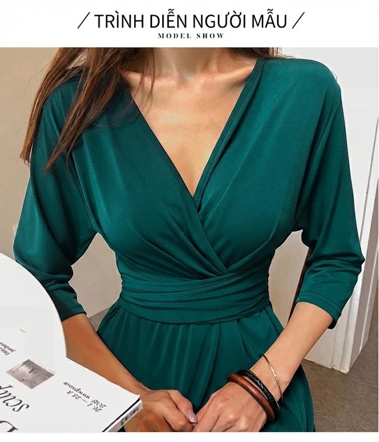 Váy Đầm Nữ Tay Lỡ Cổ chữ V Kiểu Dáng Xòe Thắt Eo Thanh Lịch Màu Xanh, Đen chi tiết 3