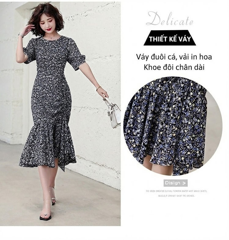 Váy Đầm Nữ Tay Lỡ Cổ Tròn Họa Tiết Hoa Nhí Dáng Ôm Eo Xòe Cá Tính chi tiết 4
