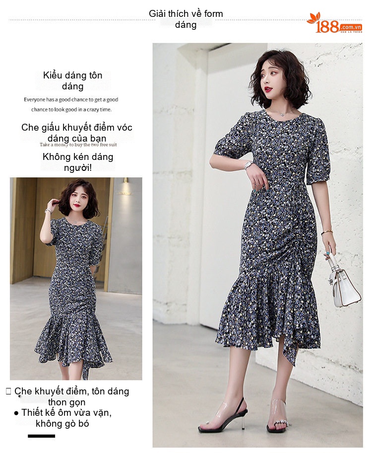 Váy Đầm Nữ Tay Lỡ Cổ Tròn Họa Tiết Hoa Nhí Dáng Ôm Eo Xòe Cá Tính chi tiết 5