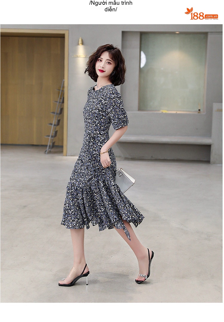 Váy Đầm Nữ Tay Lỡ Cổ Tròn Họa Tiết Hoa Nhí Dáng Ôm Eo Xòe Cá Tính chi tiết 8