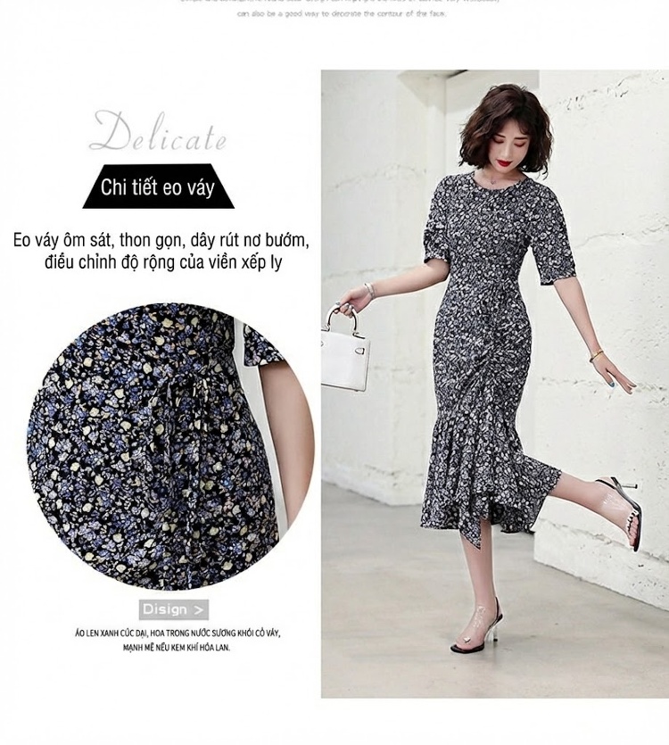 Váy Đầm Nữ Tay Lỡ Cổ Tròn Họa Tiết Hoa Nhí Dáng Ôm Eo Xòe Cá Tính chi tiết 3