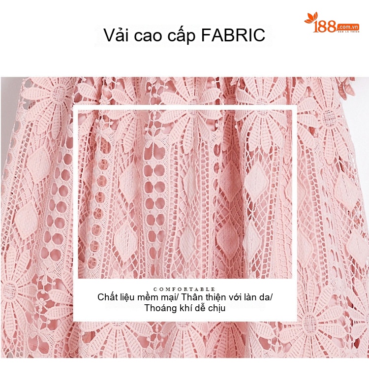 Váy Đầm Nữ Tay Ngắn Cổ Tròn Chiết Eo Chữ A Ren Móc Họa Tiết Phong Cách Cổ Điển Màu Hồng, Đen, Xanh Dương, Trắng... chi tiết 5