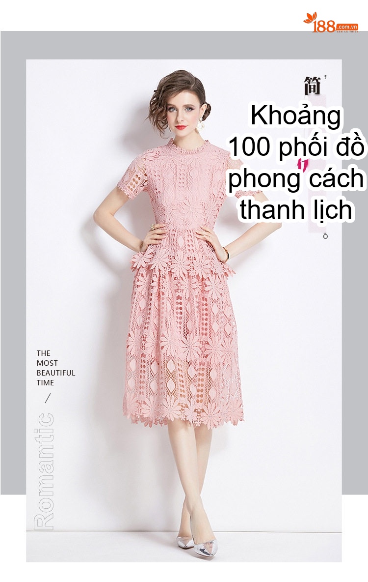 Váy Đầm Nữ Tay Ngắn Cổ Tròn Chiết Eo Chữ A Ren Móc Họa Tiết Phong Cách Cổ Điển Màu Hồng, Đen, Xanh Dương, Trắng... chi tiết 6