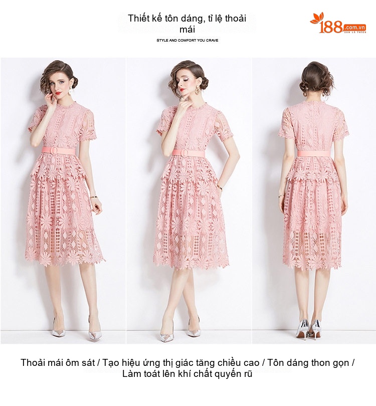 Váy Đầm Nữ Tay Ngắn Cổ Tròn Chiết Eo Chữ A Ren Móc Họa Tiết Phong Cách Cổ Điển Màu Hồng, Đen, Xanh Dương, Trắng... chi tiết 7