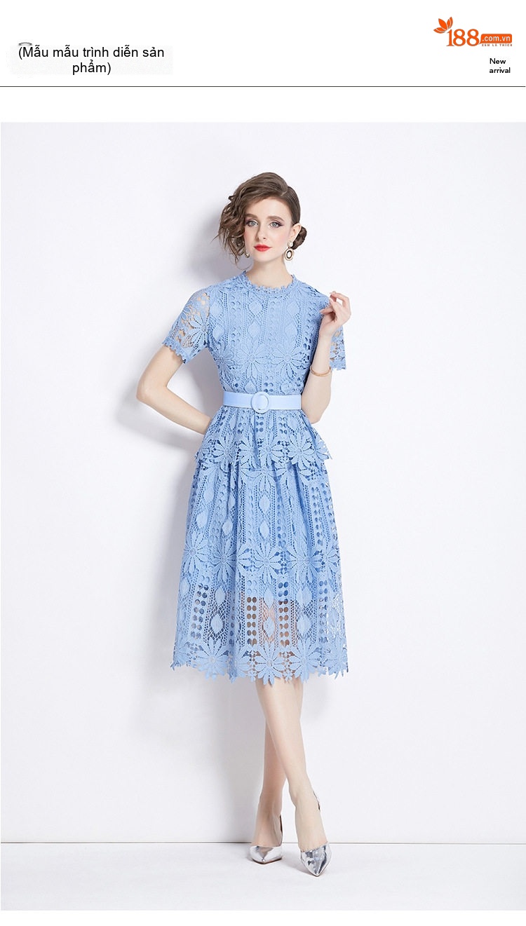 Váy Đầm Nữ Tay Ngắn Cổ Tròn Chiết Eo Chữ A Ren Móc Họa Tiết Phong Cách Cổ Điển Màu Hồng, Đen, Xanh Dương, Trắng... chi tiết 27