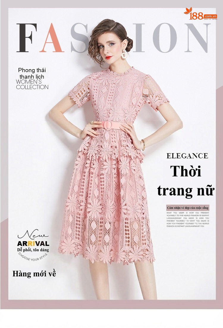 Váy Đầm Nữ Tay Ngắn Cổ Tròn Chiết Eo Chữ A Ren Móc Họa Tiết Phong Cách Cổ Điển Màu Hồng, Đen, Xanh Dương, Trắng... chi tiết 1