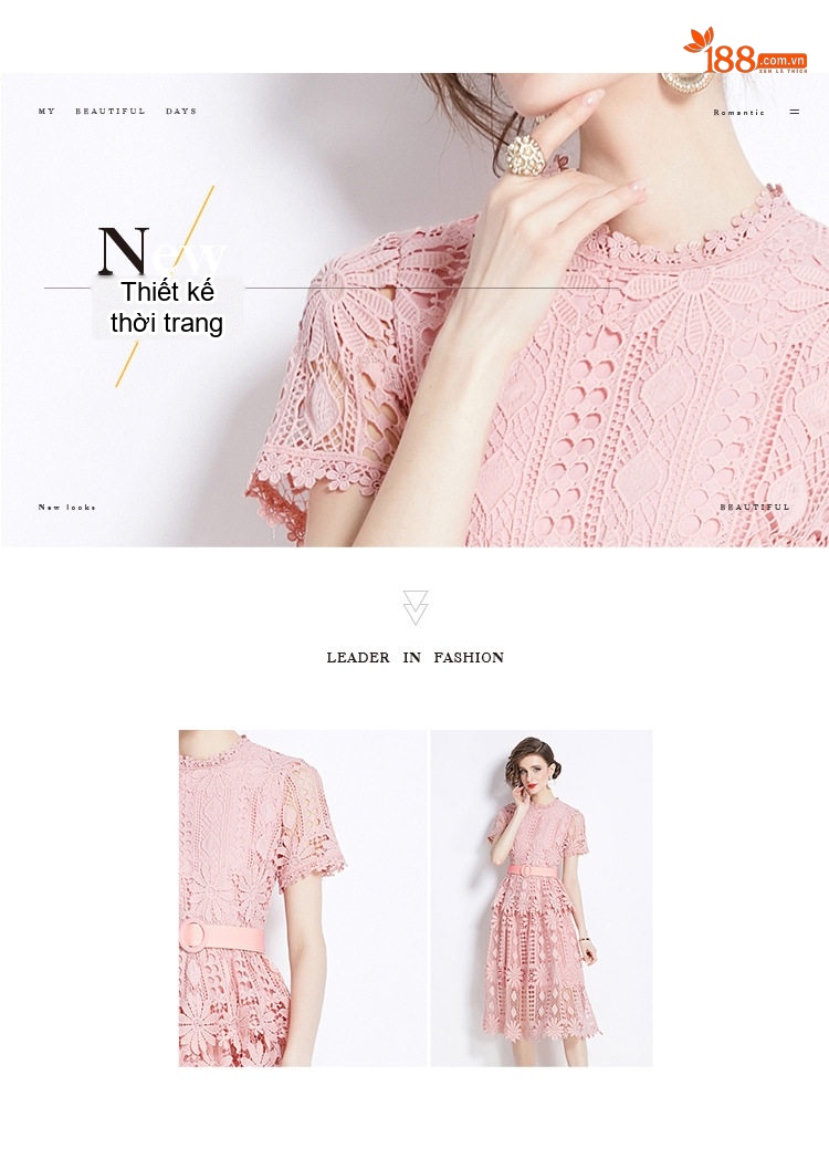 Váy Đầm Nữ Tay Ngắn Cổ Tròn Chiết Eo Chữ A Ren Móc Họa Tiết Phong Cách Cổ Điển Màu Hồng, Đen, Xanh Dương, Trắng... chi tiết 2